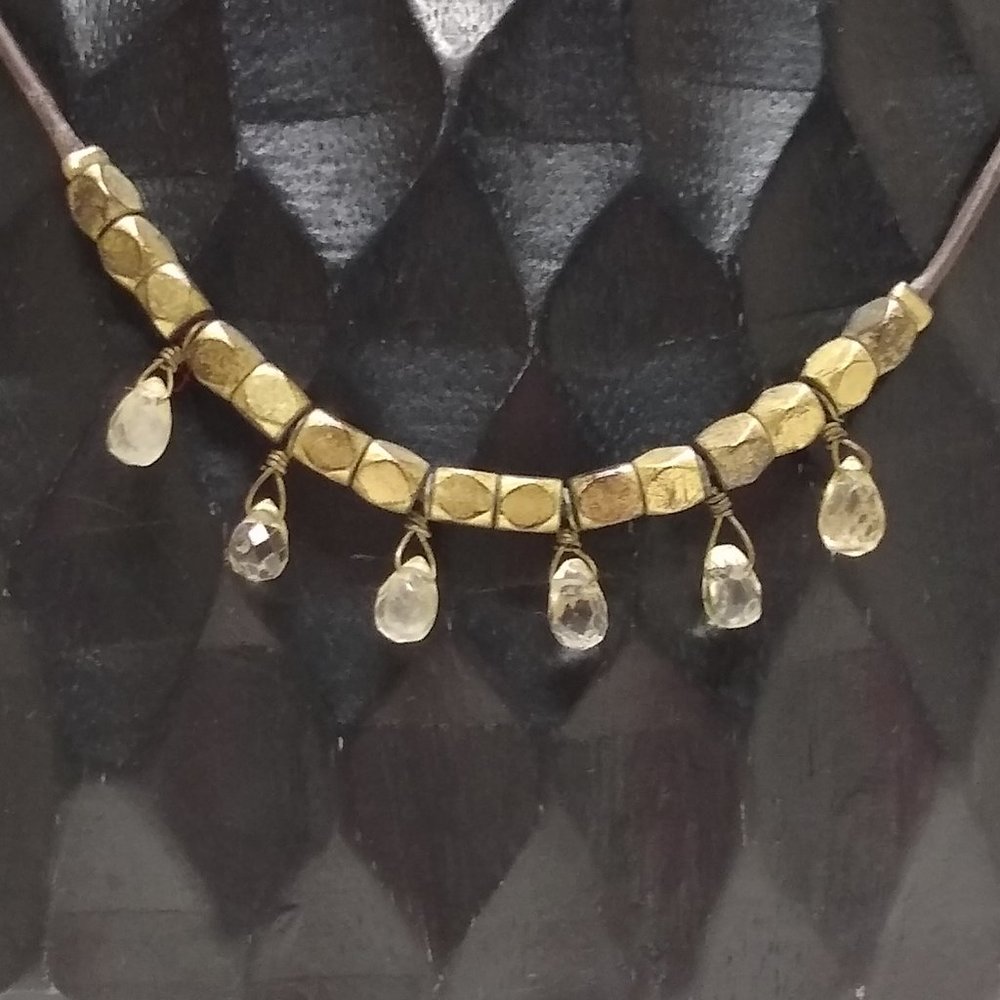 FOSSIL Rutilated Quartz Teardrop, Brass Harlequin Beaded Necklace Leather Cord